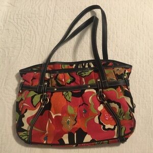 TALBOTS pink floral black leather handbag